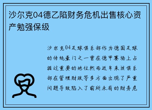 沙尔克04德乙陷财务危机出售核心资产勉强保级