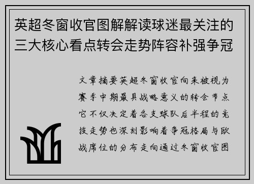 英超冬窗收官图解解读球迷最关注的三大核心看点转会走势阵容补强争冠